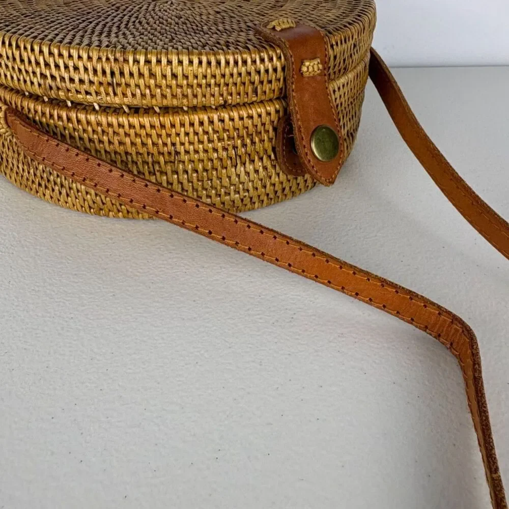 Bali Ata Grass Round Crossbody Bag Rattan Leather Batik Lined Boho Wicker Purse